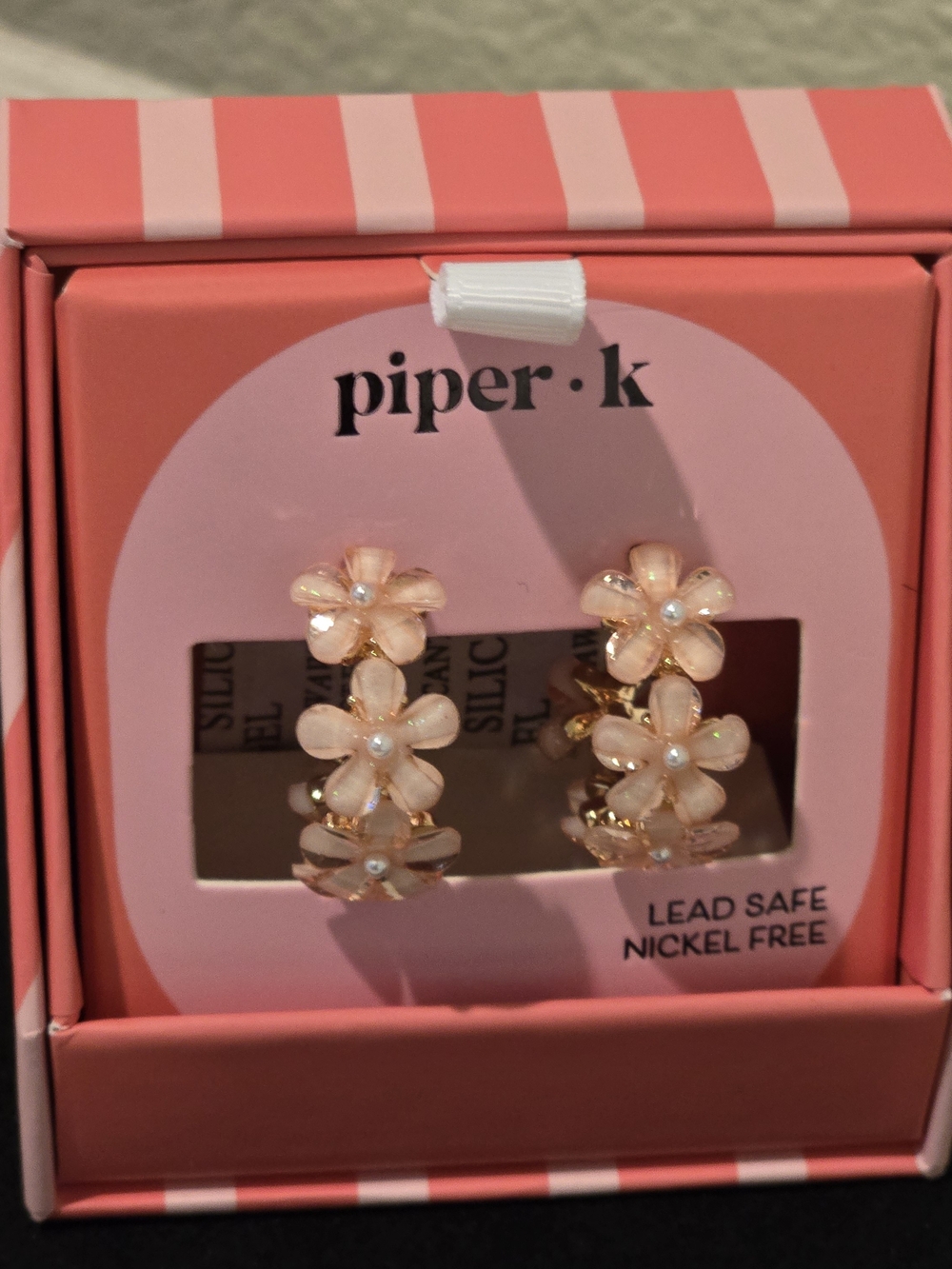 Piper K Pink Floral Gold-Tone Hoop Earrings New in Box
